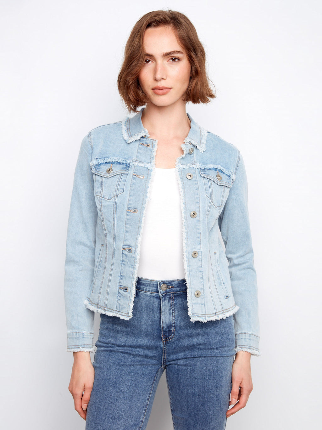 Frayed Edge Stretch Denim Jacket - Bleach Blue