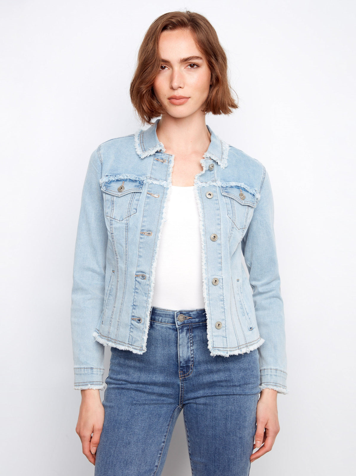 Frayed Edge Stretch Denim Jacket - Bleach Blue