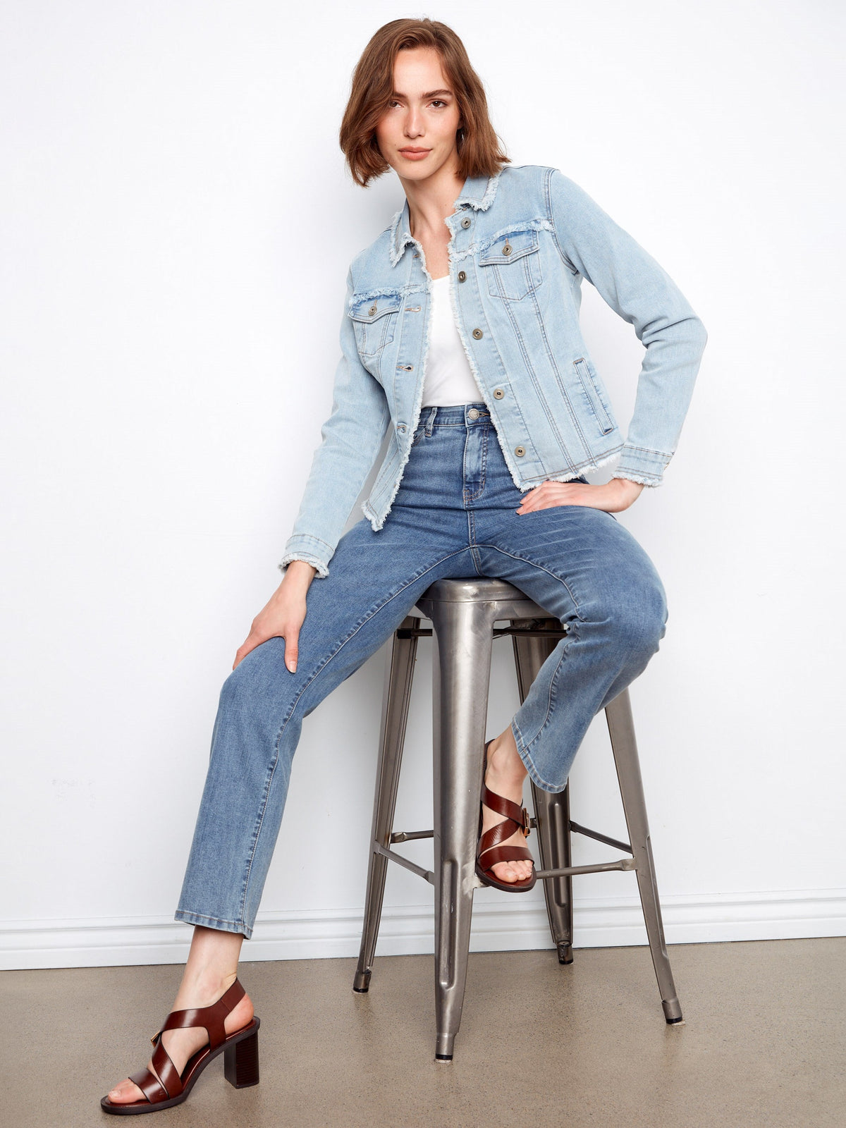 Frayed Edge Stretch Denim Jacket - Bleach Blue