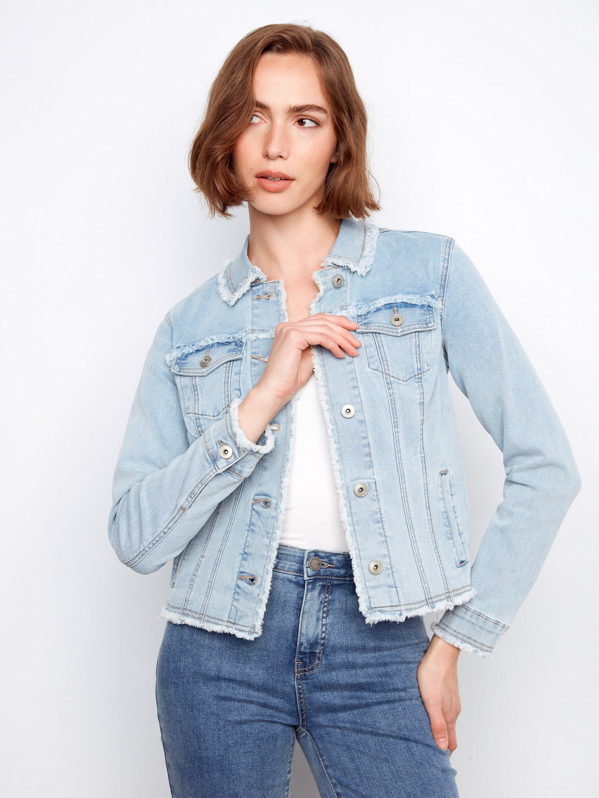 Frayed Edge Stretch Denim Jacket - Bleach Blue