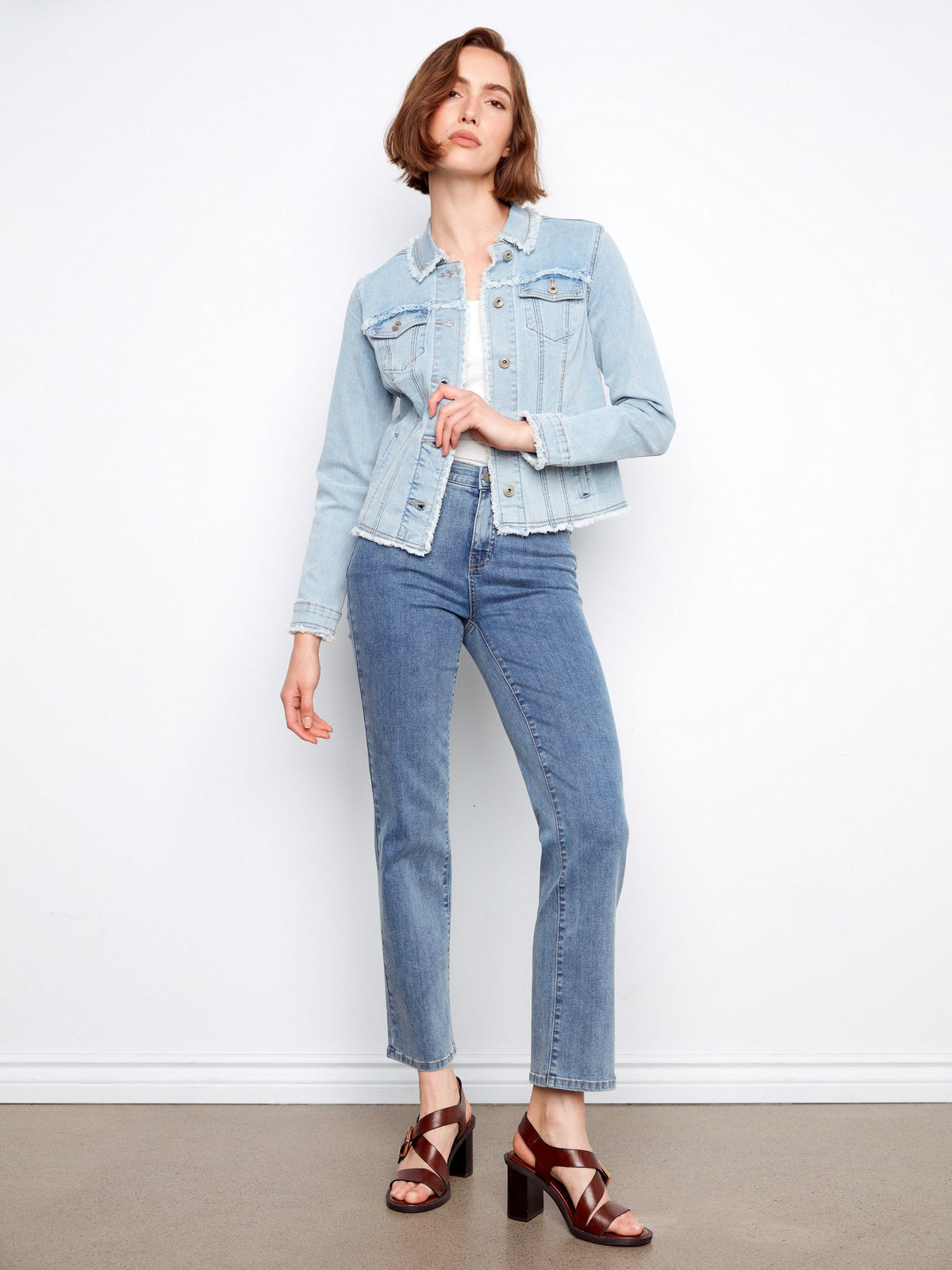 Frayed Edge Stretch Denim Jacket - Bleach Blue