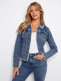 Frayed Edge Stretch Denim Jacket - Medium Blue
