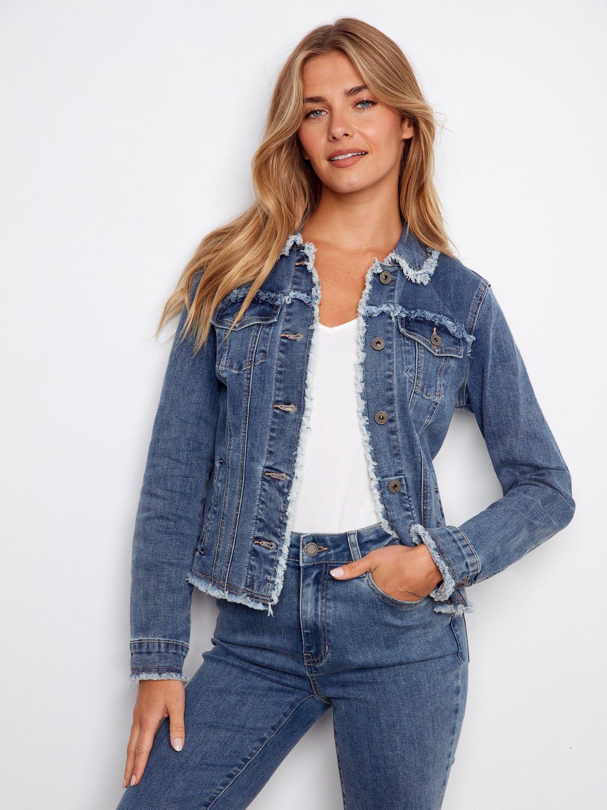 Frayed Edge Stretch Denim Jacket - Medium Blue