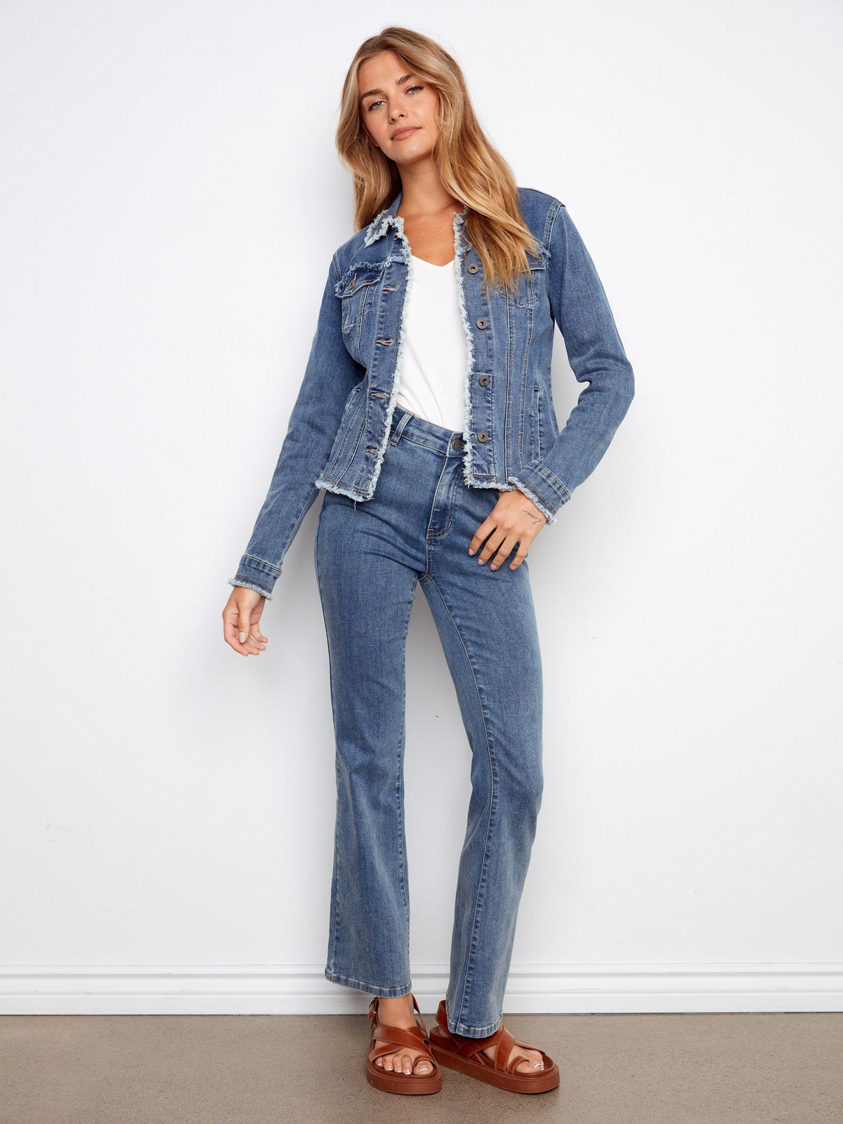 Frayed Edge Stretch Denim Jacket - Medium Blue