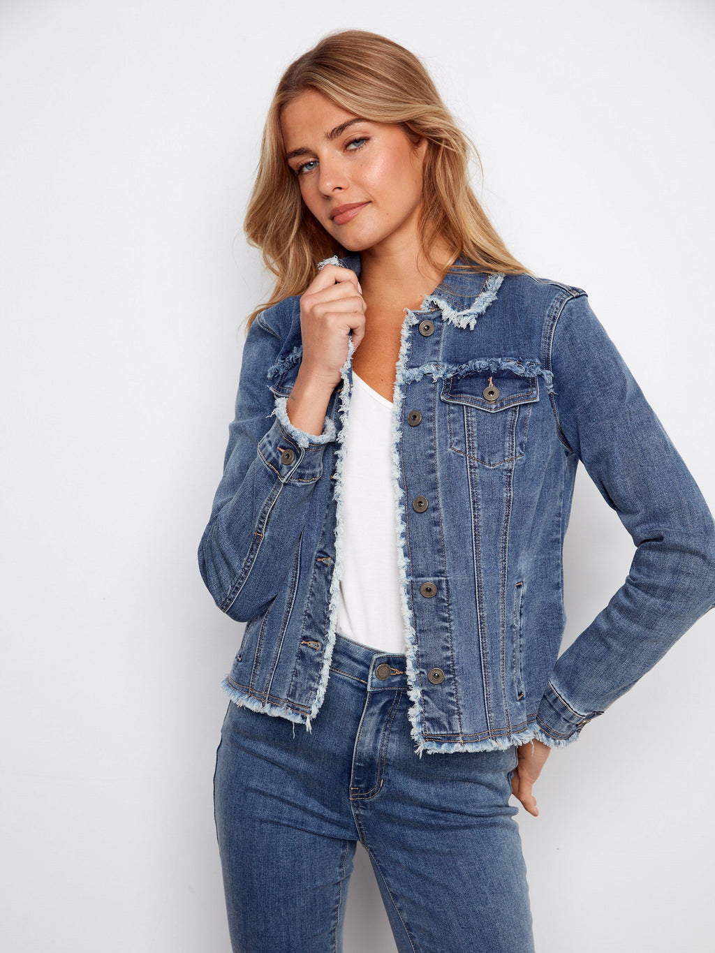 Frayed Edge Stretch Denim Jacket - Medium Blue