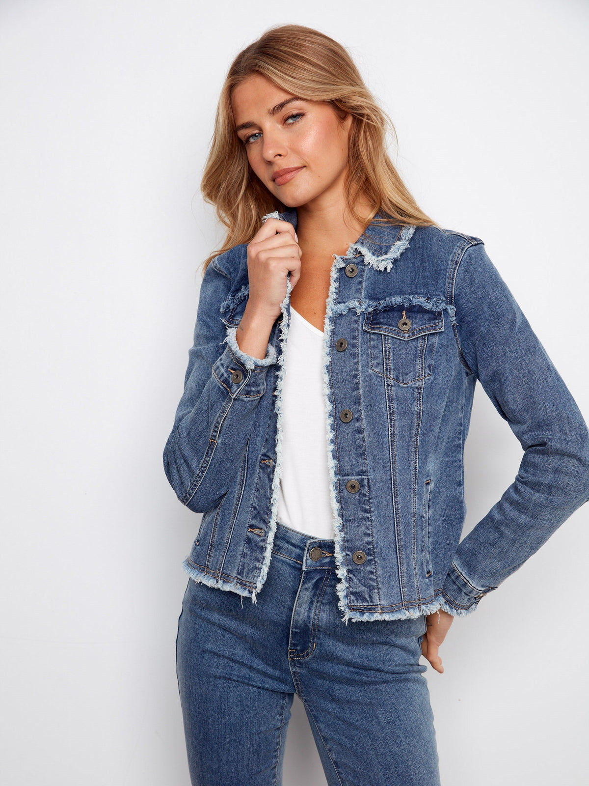 Frayed Edge Stretch Denim Jacket - Medium Blue