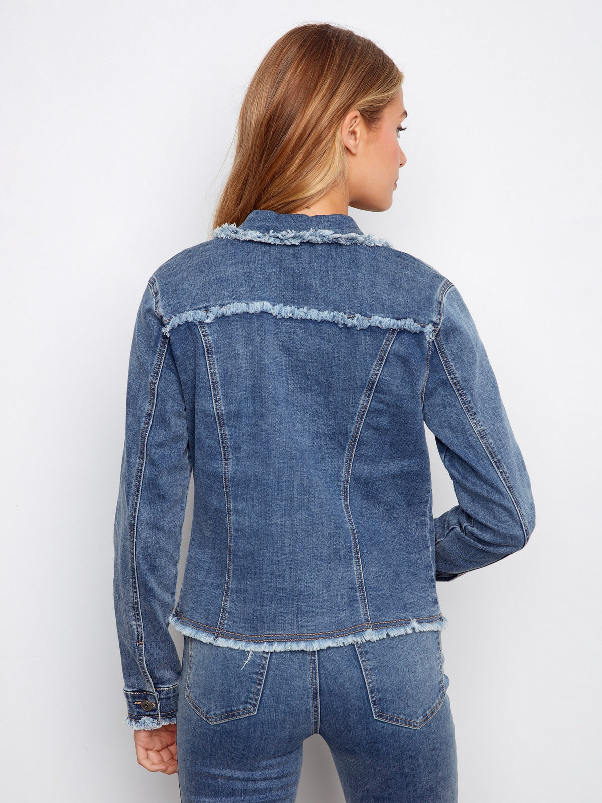 Frayed Edge Stretch Denim Jacket - Medium Blue