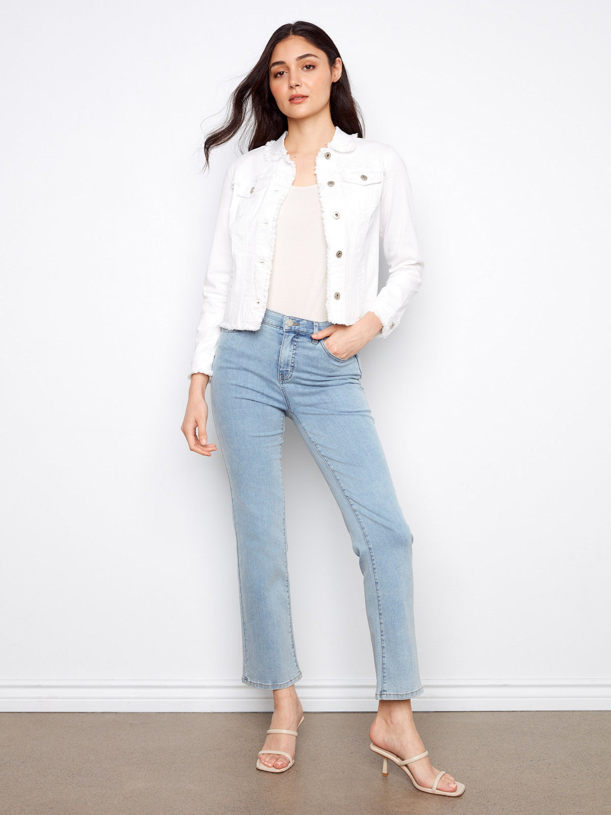 Frayed Edge Stretch Twill Jean Jacket - White