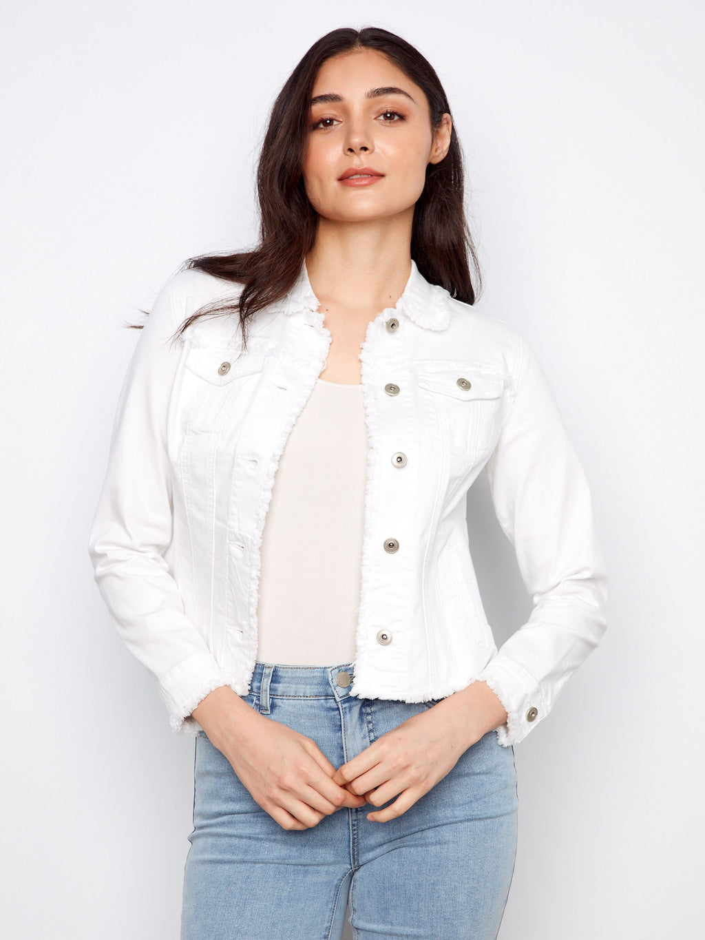 Frayed Edge Stretch Twill Jean Jacket - White