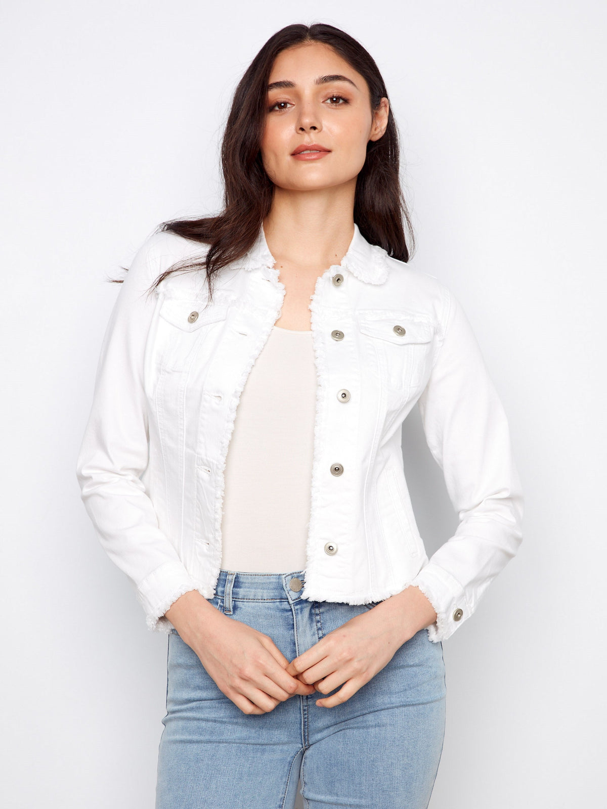 Frayed Edge Stretch Twill Jean Jacket - White