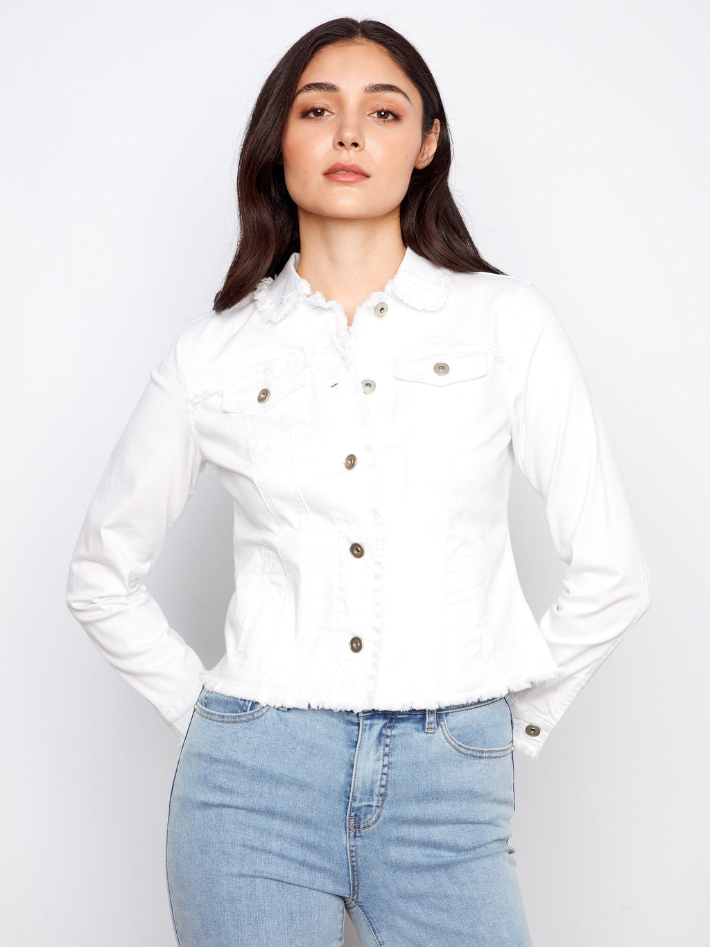 Frayed Edge Stretch Twill Jean Jacket - White