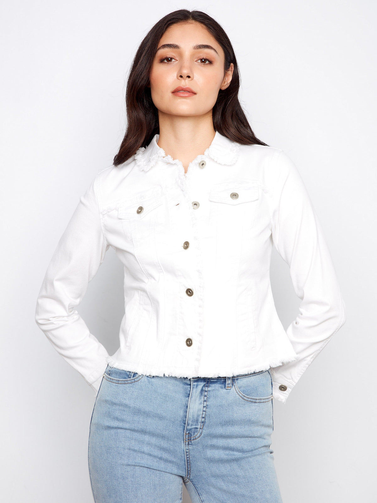 Frayed Edge Stretch Twill Jean Jacket - White