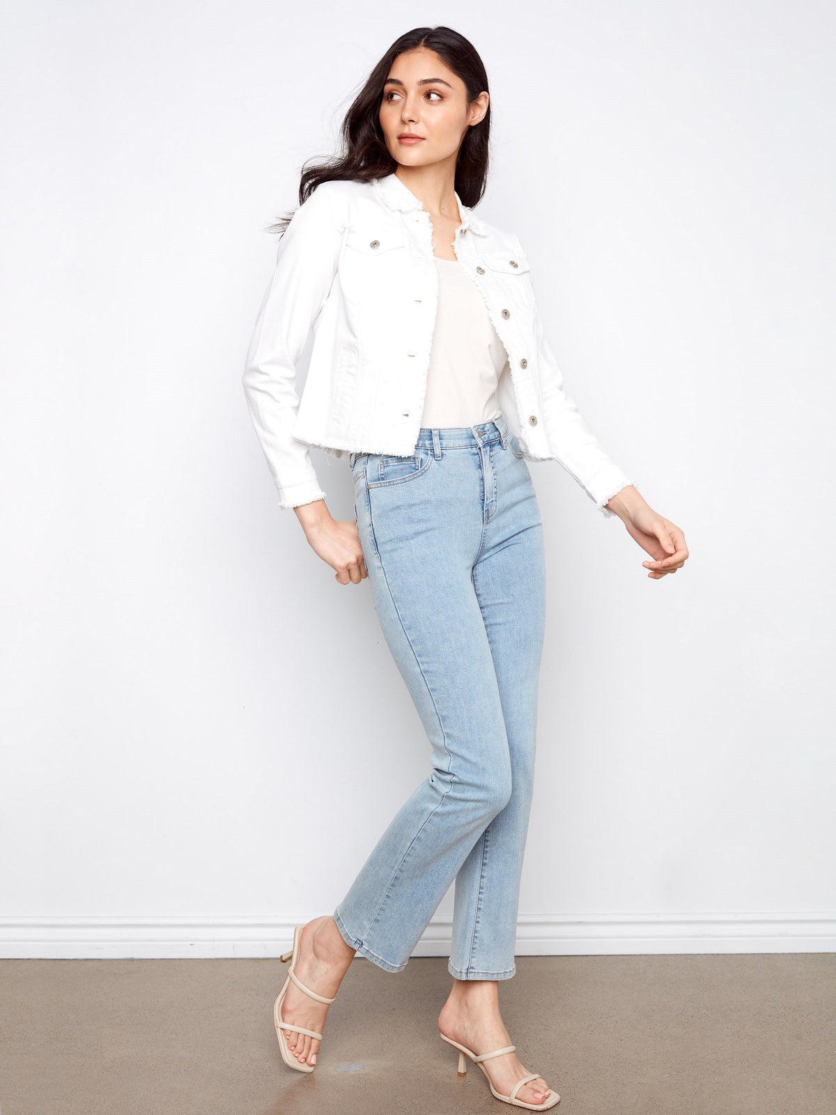 Frayed Edge Stretch Twill Jean Jacket - White