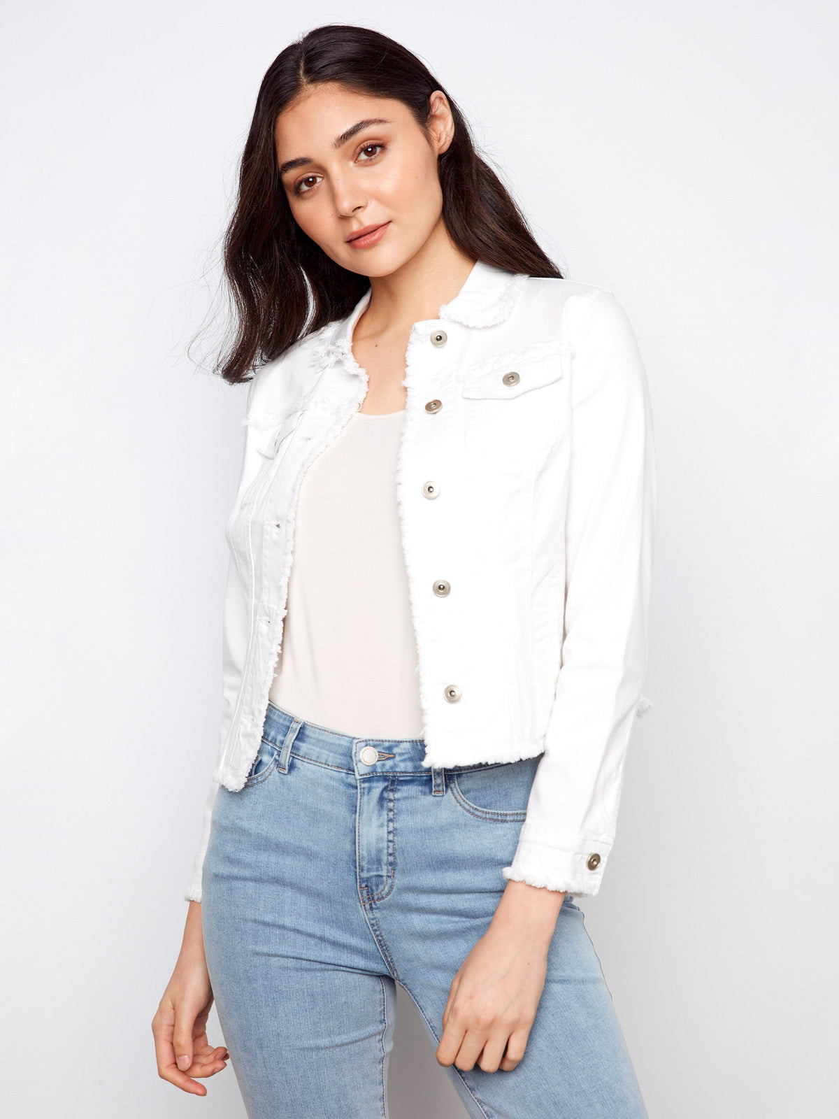 Frayed Edge Stretch Twill Jean Jacket - White