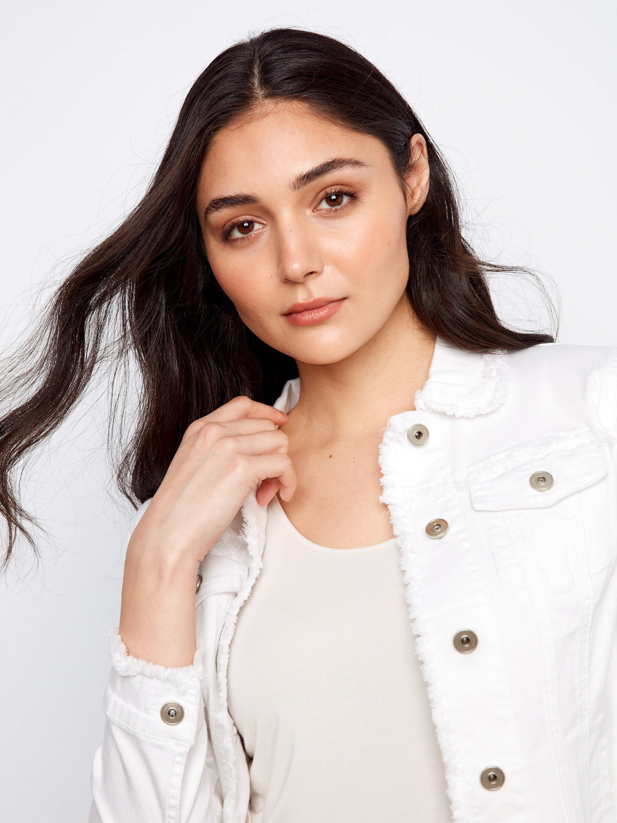 Frayed Edge Stretch Twill Jean Jacket - White