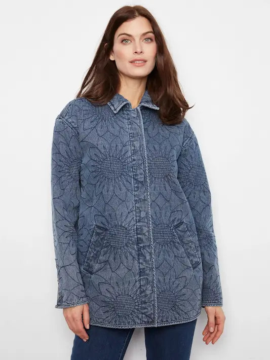 Long Quilted Denim Jacket - Medium Blue