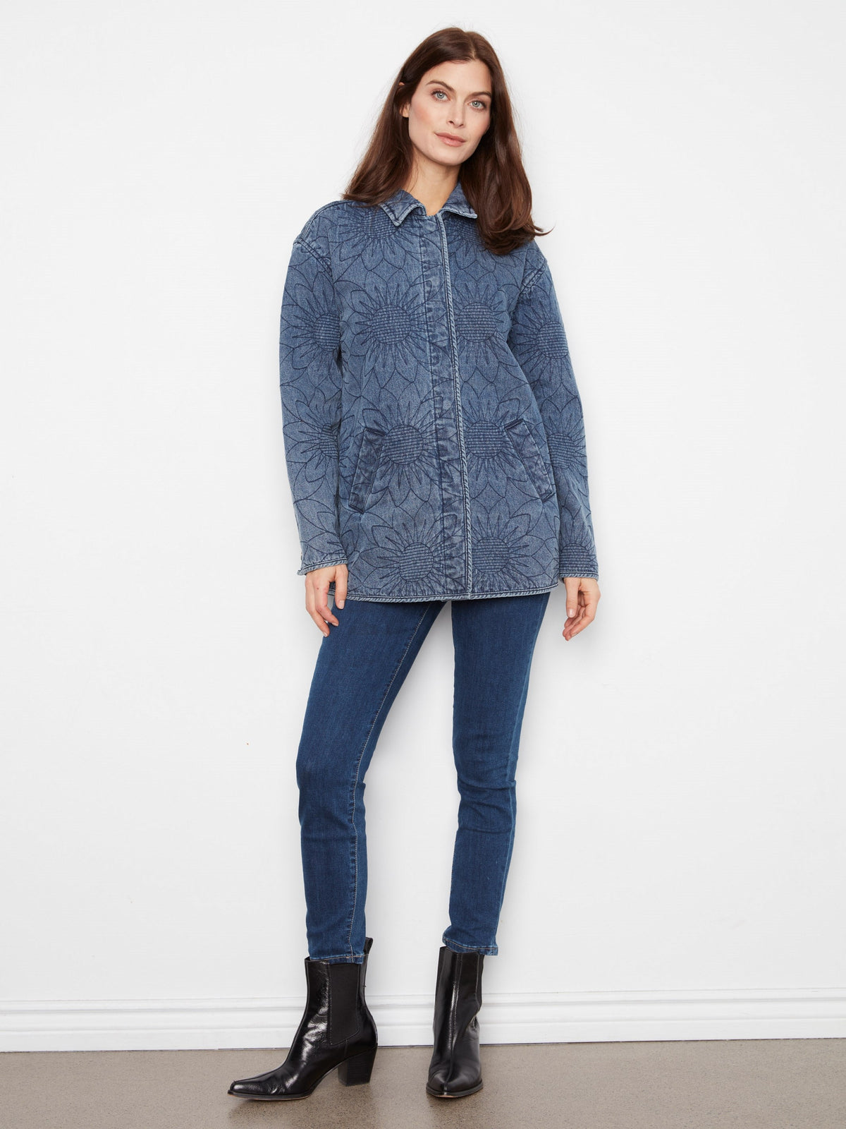 Long Quilted Denim Jacket - Medium Blue