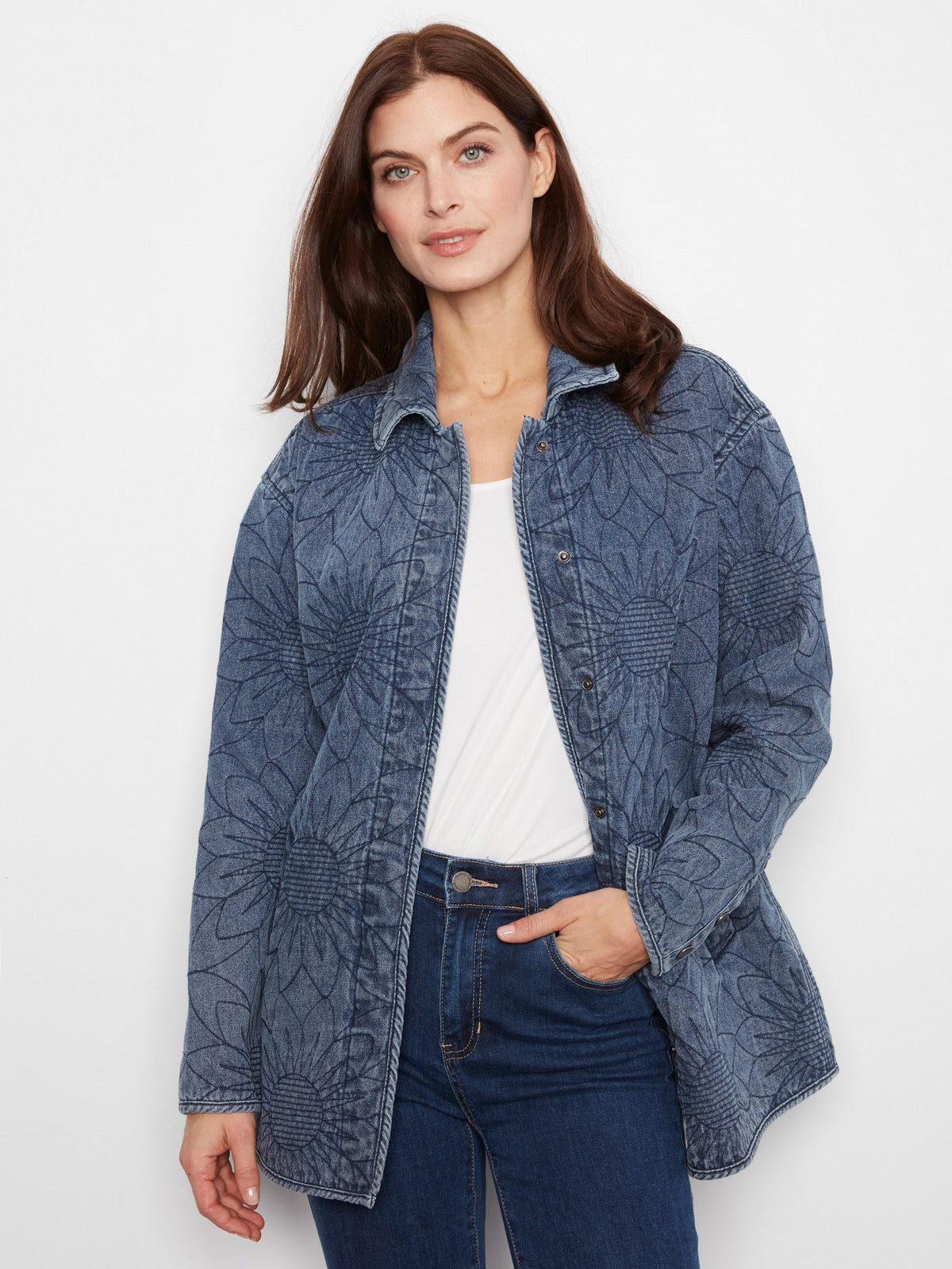 Long Quilted Denim Jacket - Medium Blue