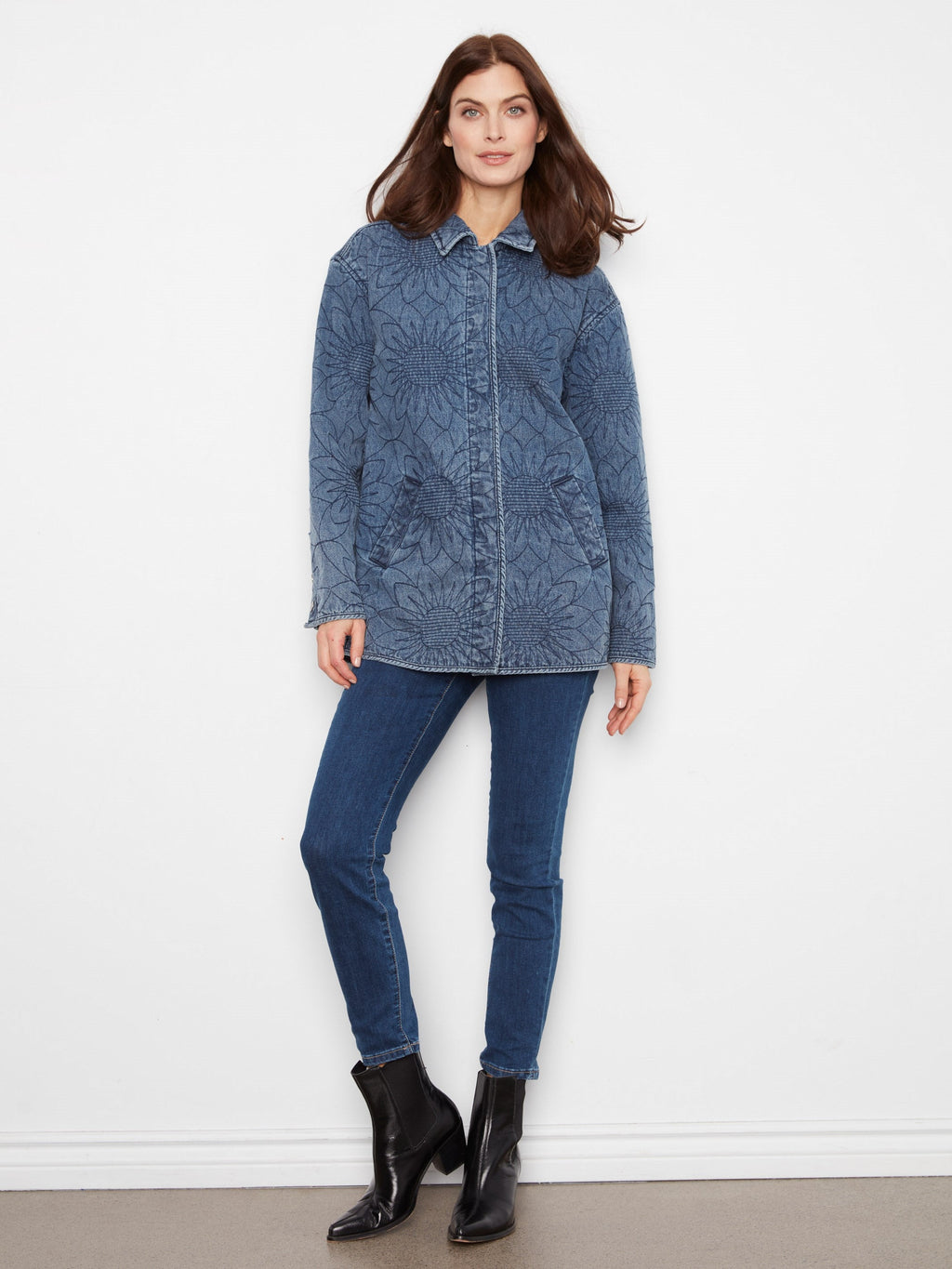 Long Quilted Denim Jacket - Medium Blue
