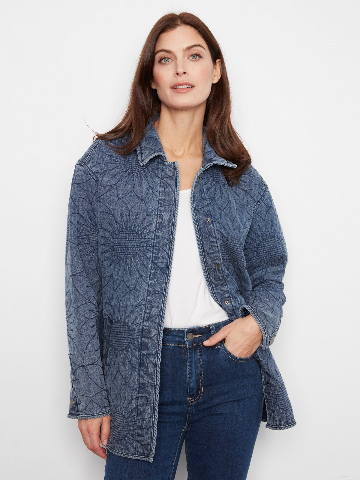 Long Quilted Denim Jacket - Medium Blue