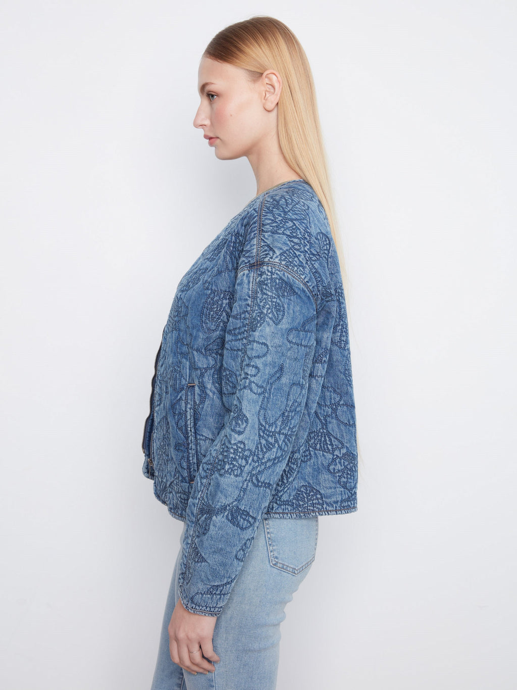 Quilted Tencel Denim Bomber Jacket - Medium Blue