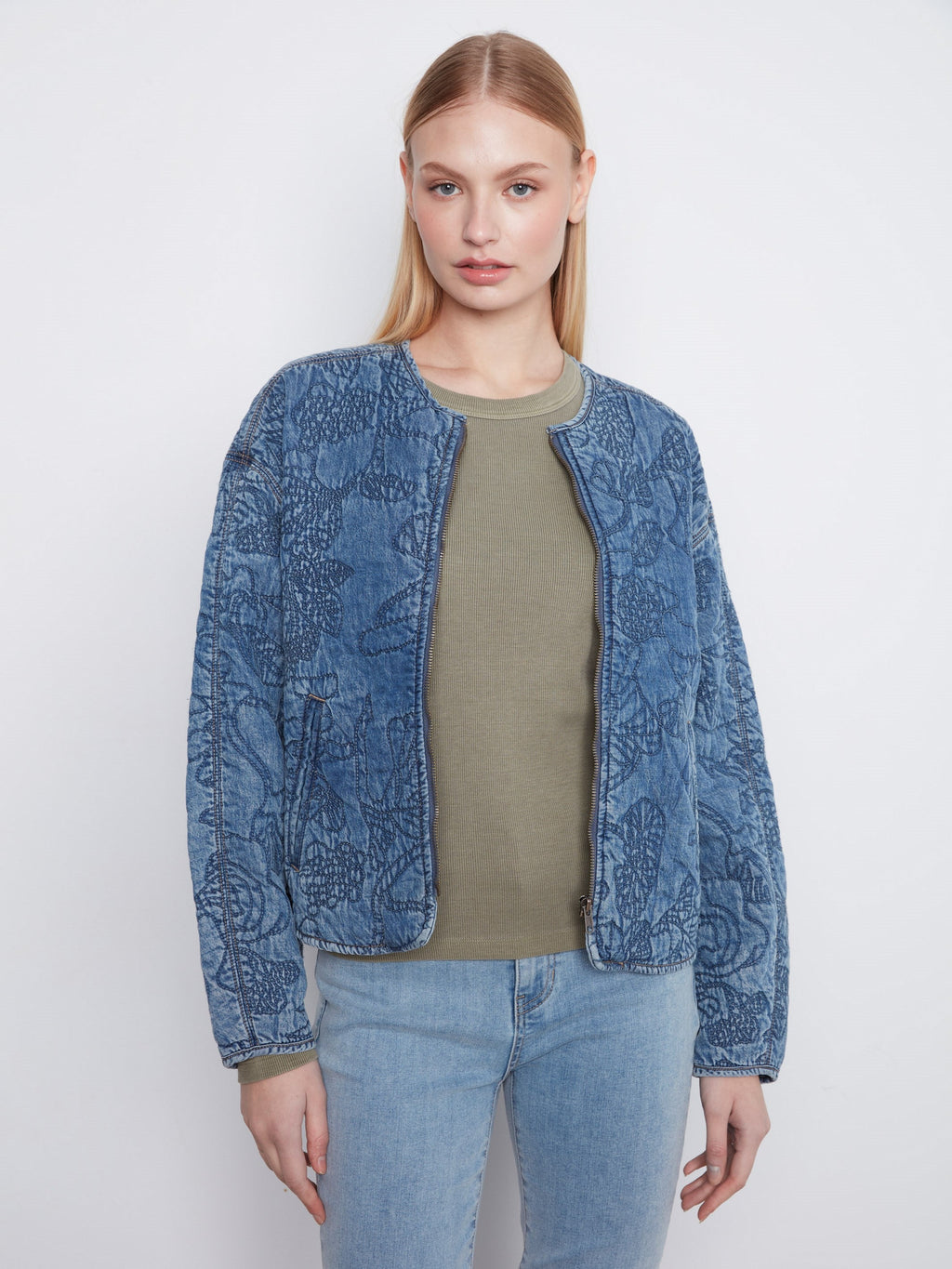 Quilted Tencel Denim Bomber Jacket - Medium Blue