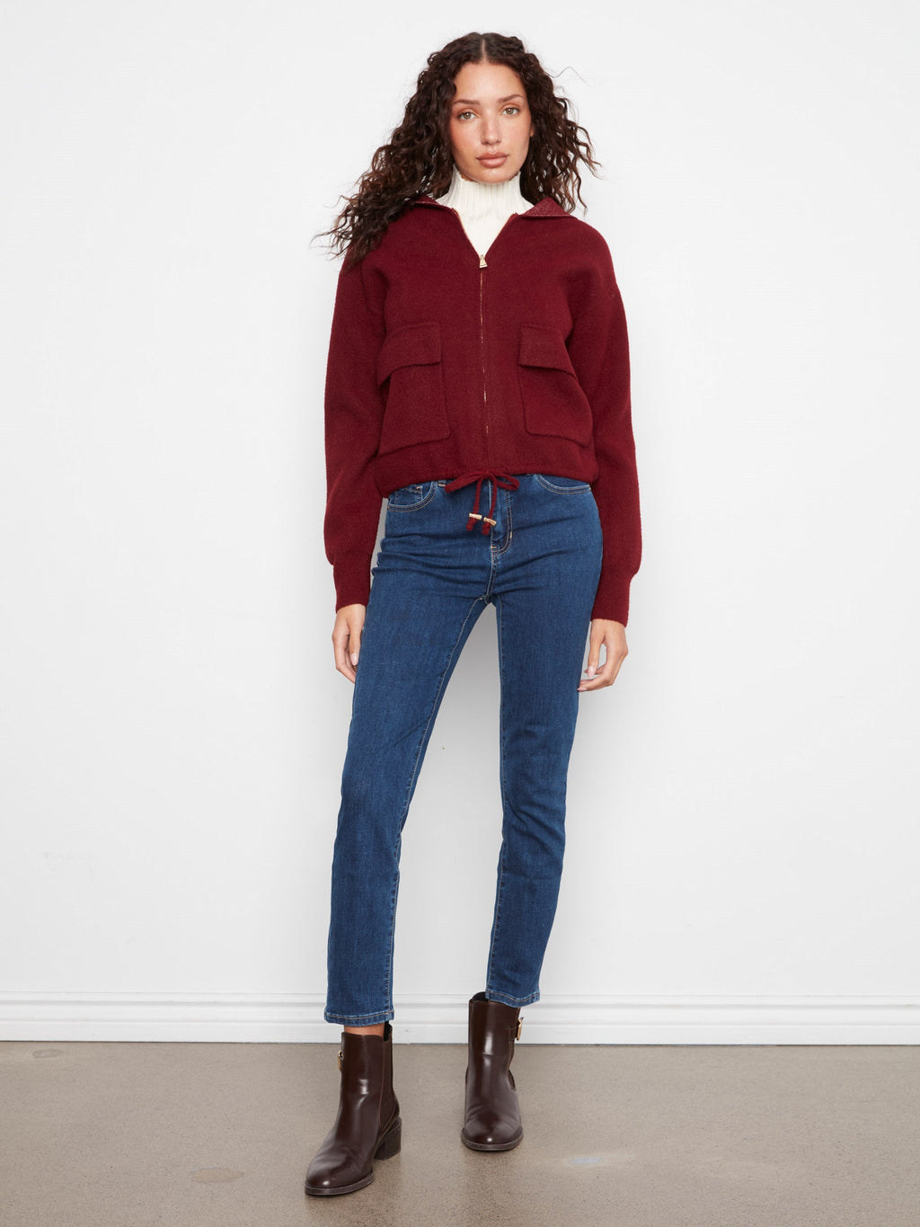 Zip-Front Knit Hooded Jacket - Merlot