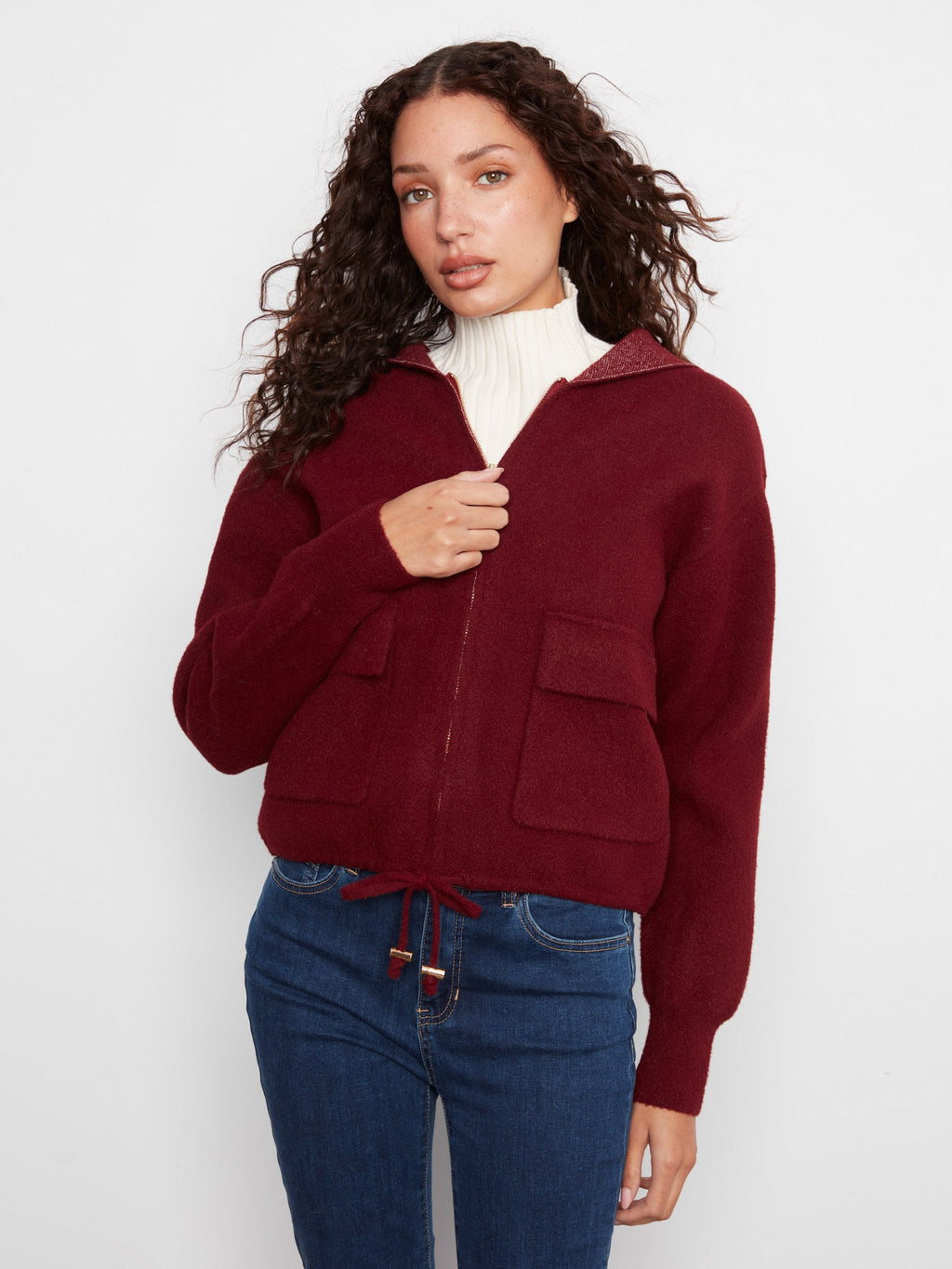 Zip-Front Knit Hooded Jacket - Merlot