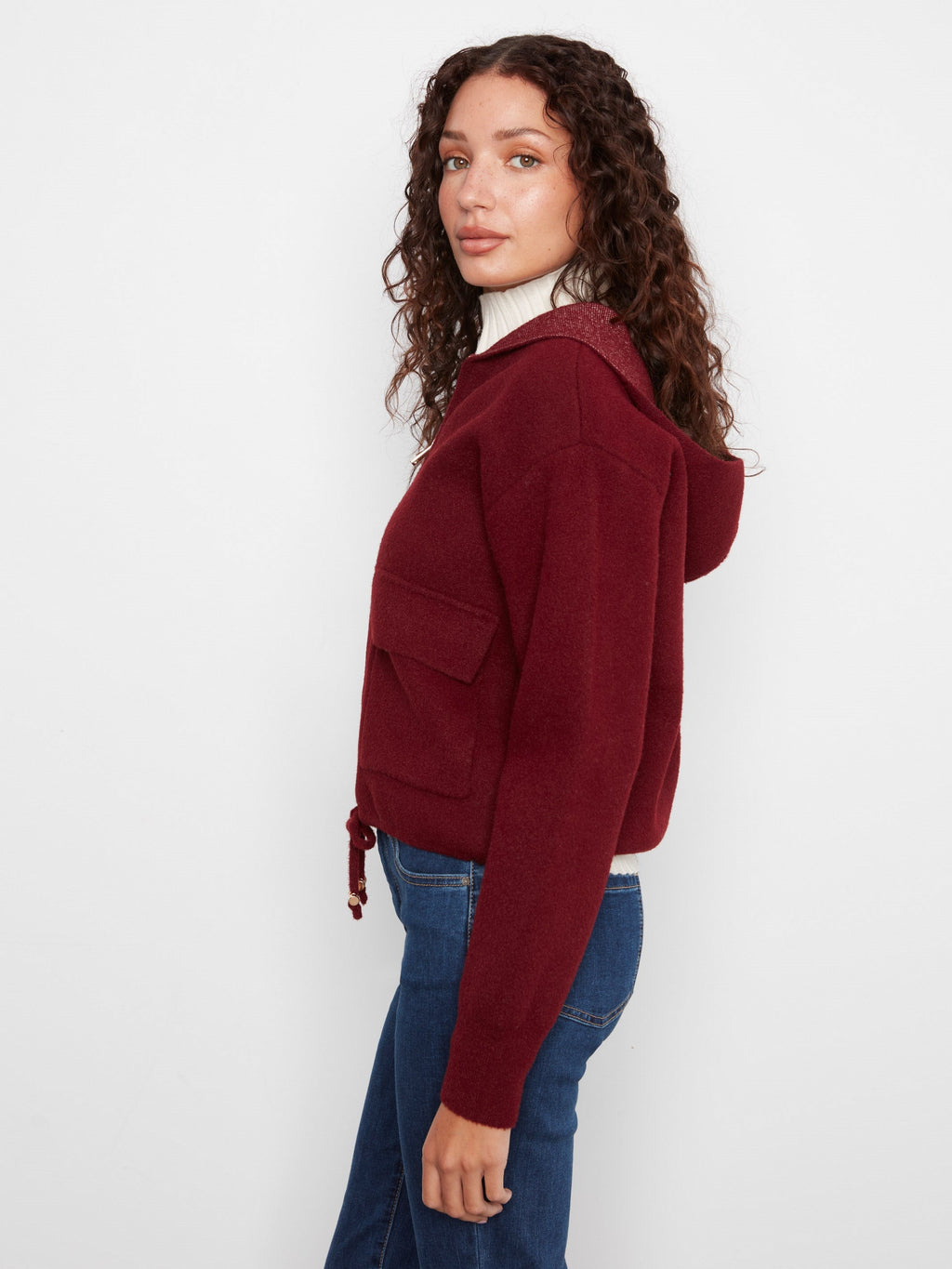 Zip-Front Knit Hooded Jacket - Merlot