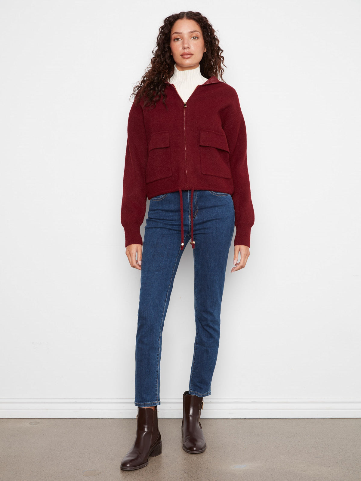 Zip-Front Knit Hooded Jacket - Merlot