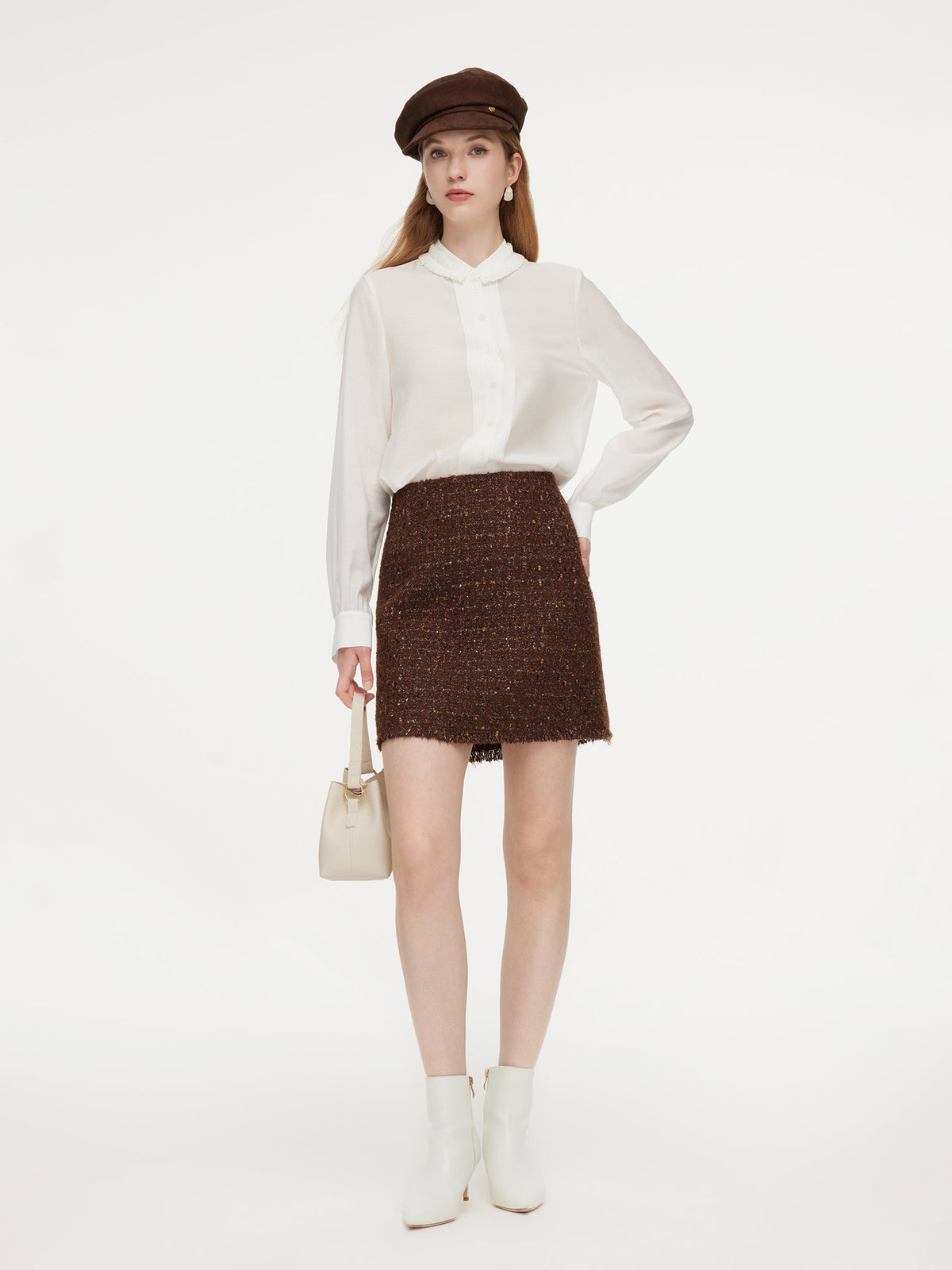 Acetate Blend Pleated Ruffle Collar Women Shirt
