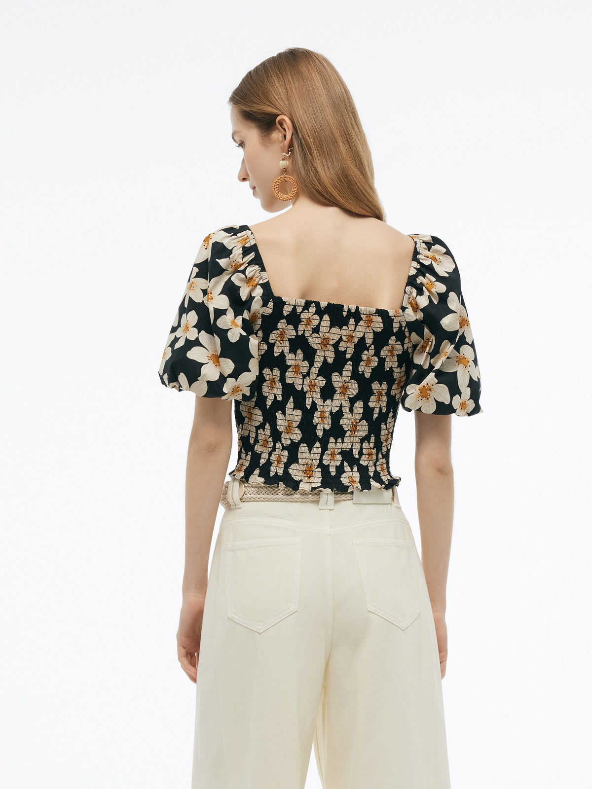 Cotton Stretch Floral Print Women Smocked Top