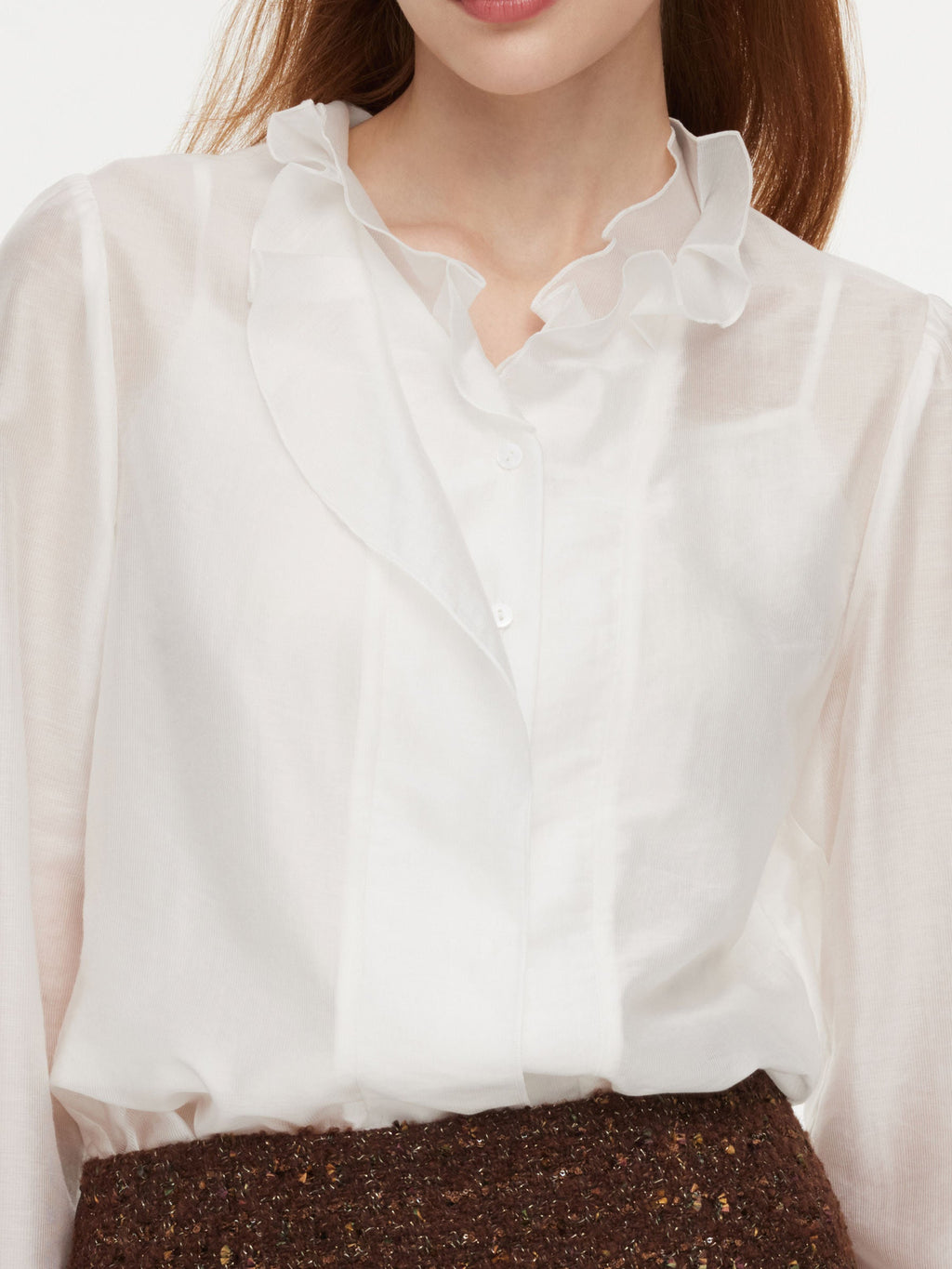 Tencel Blend Ruffle Neck Women Shirt With Knit Camisole