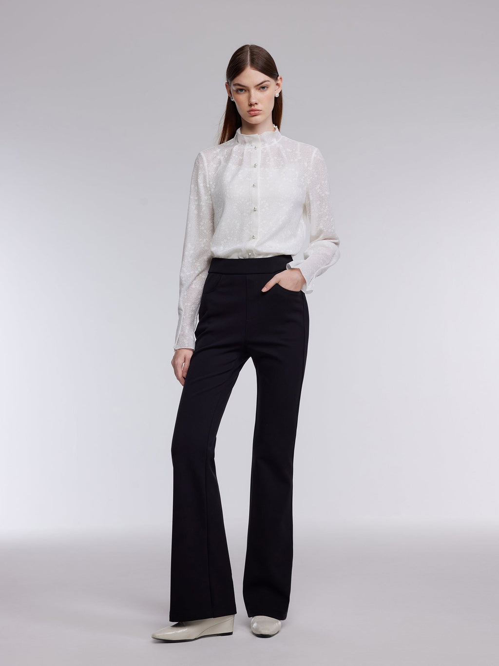 Jacquard Ruffle Collar Women Knit Shirt With Camisole