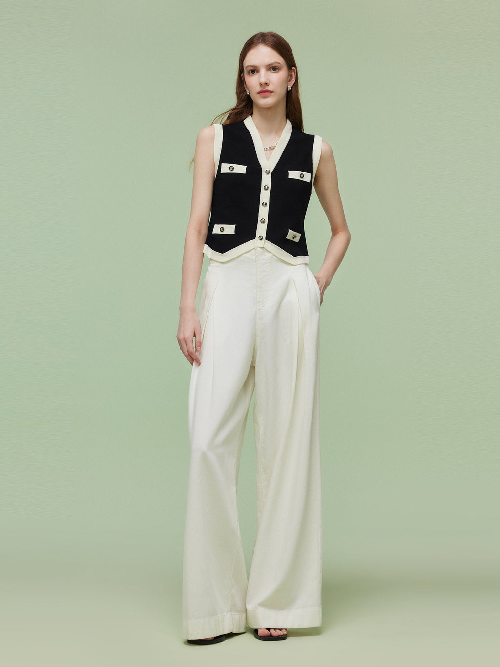 Tencel Blend Contrast Trim Women Knit Vest