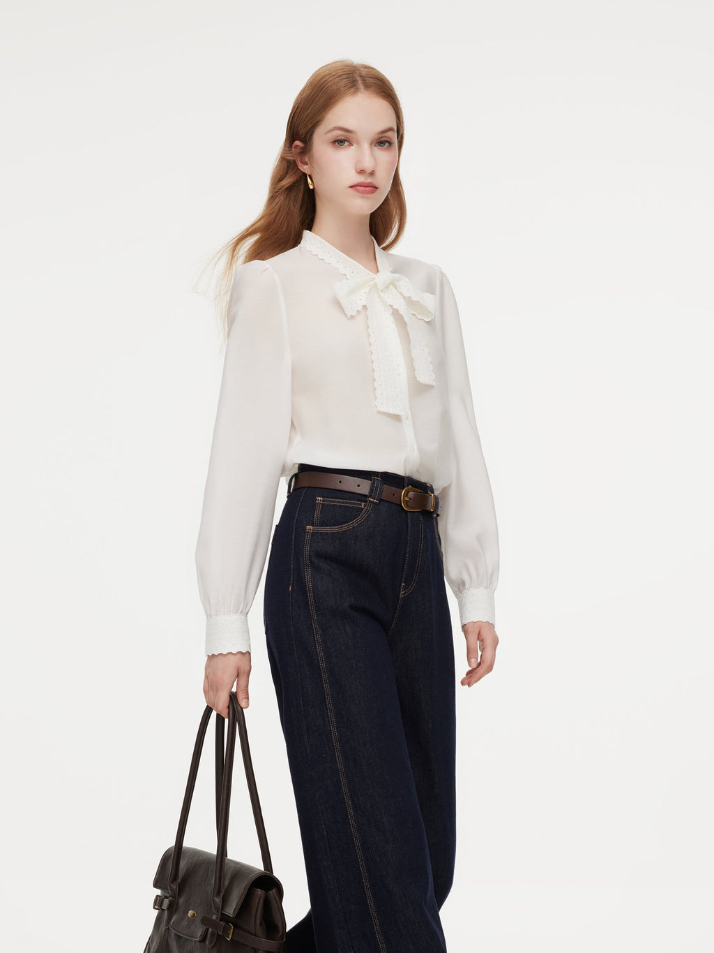 Acetate Blend Lace Bow Tie Women Shirt