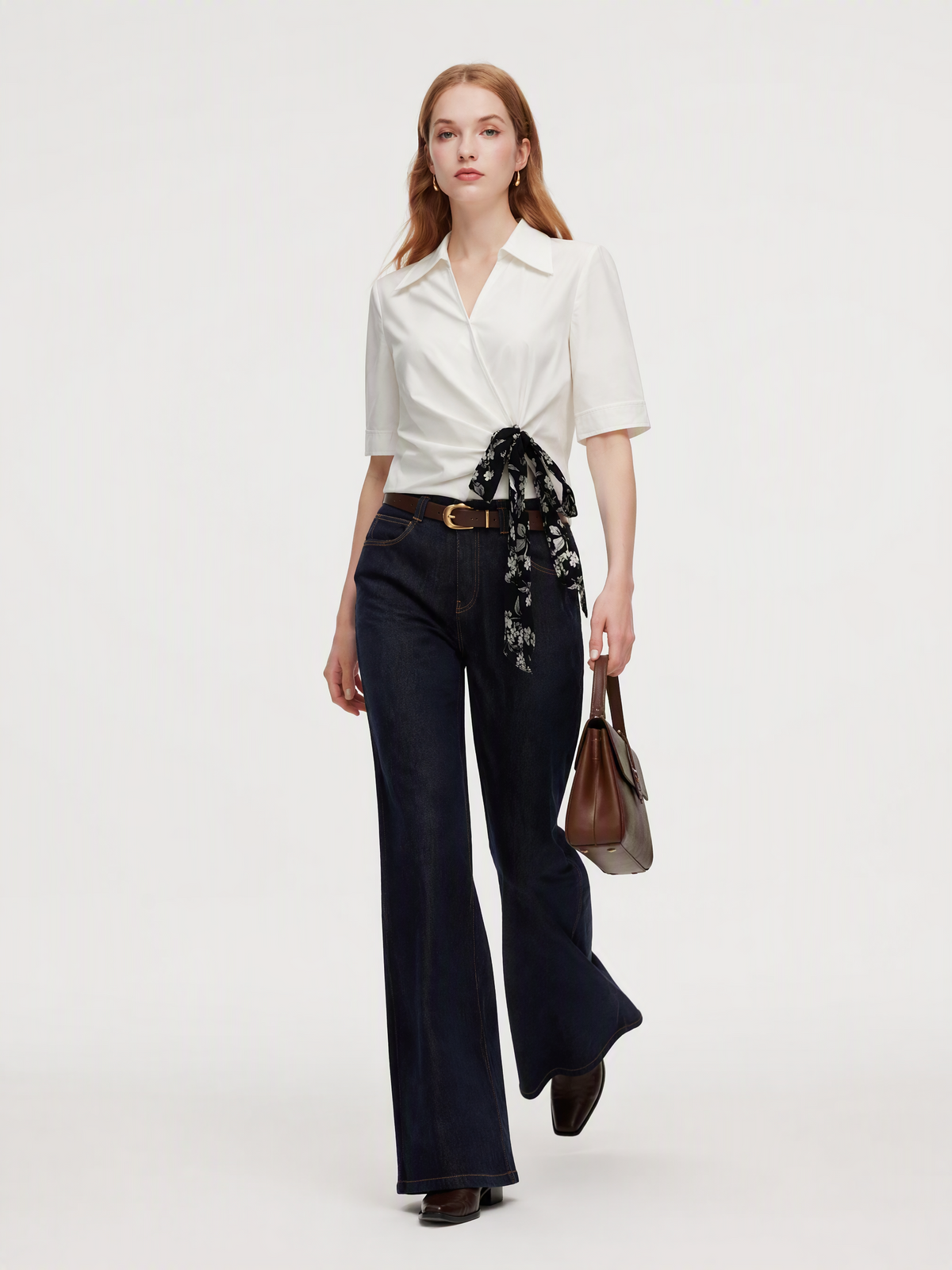 100% Cotton Side Twist Women Blouse With Silky Scarf