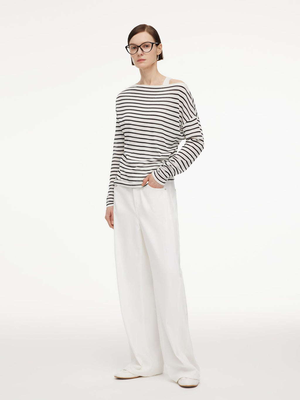 Triacetate Tencel Blend Stripe Boat Neck Top And Tank Top Two-Piece Set
