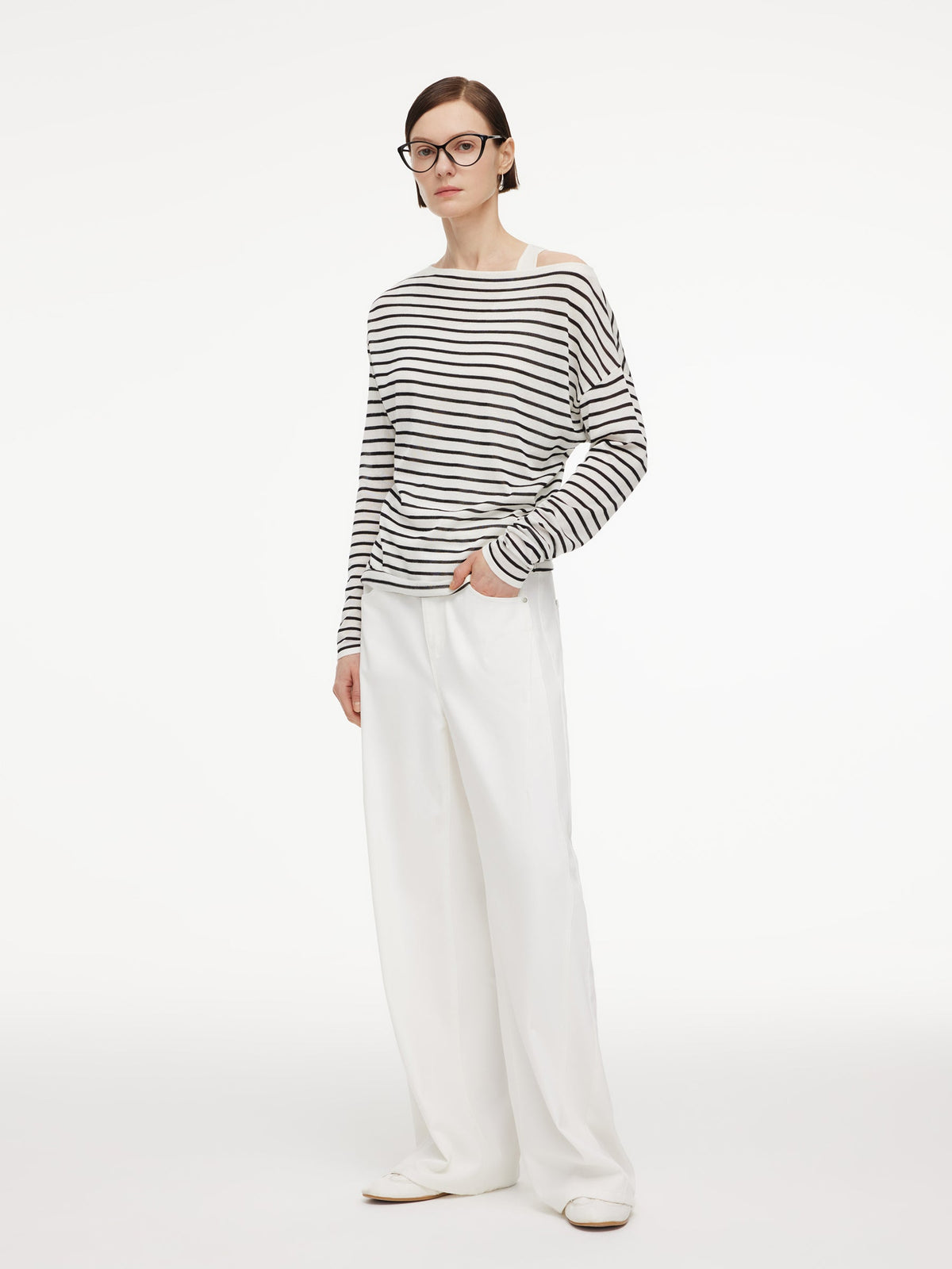 Triacetate Tencel Blend Stripe Boat Neck Top And Tank Top Two-Piece Set