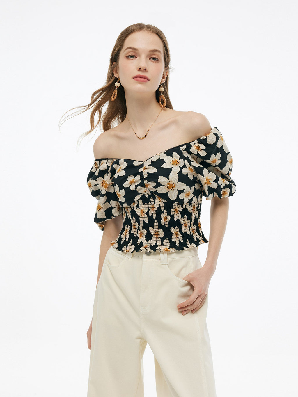 Cotton Stretch Floral Print Women Smocked Top