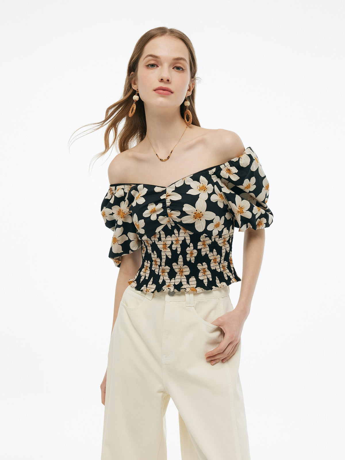 Cotton Stretch Floral Print Women Smocked Top