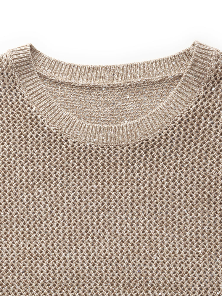 Pre-Order Linen Sequin-Embellished Women Open-Knit Tank Top