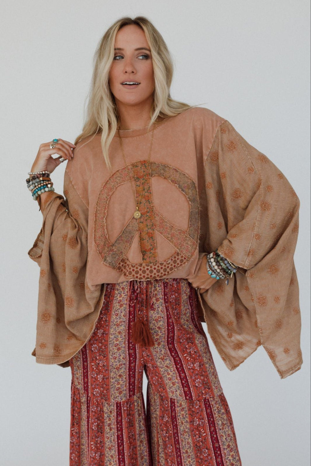 Peace Path Embroidered Top - Mocha