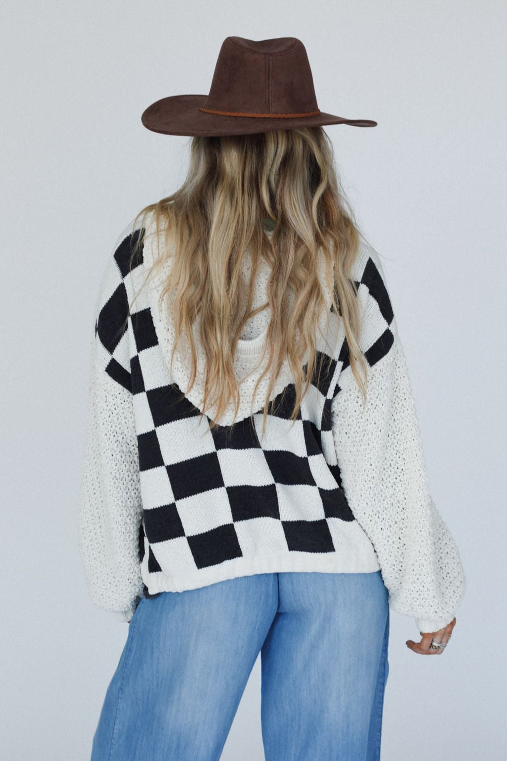 Flower Check Hoodie Top - Cream
